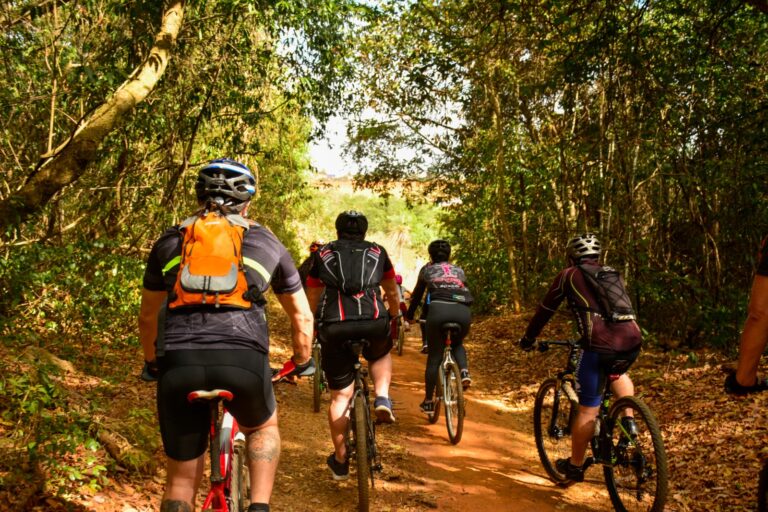 Imagem de 4 ciclistas de costas pedalando entre as árvores e o chão de terra do Parque Bike, no Granja Marileusa